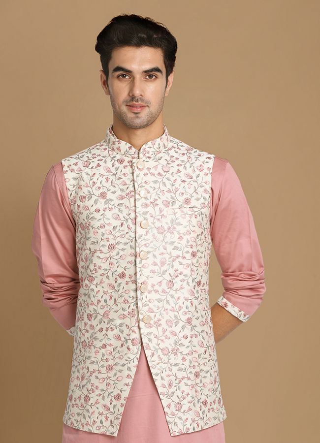 Cream And Pink Kurta Jacket Set image number 0